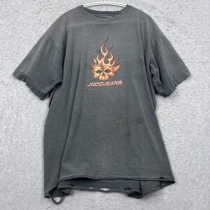 VTG JNCO Jeans Shirt Mens XL Black Thrashed Grunge Skull Flames Made In USA Y2K